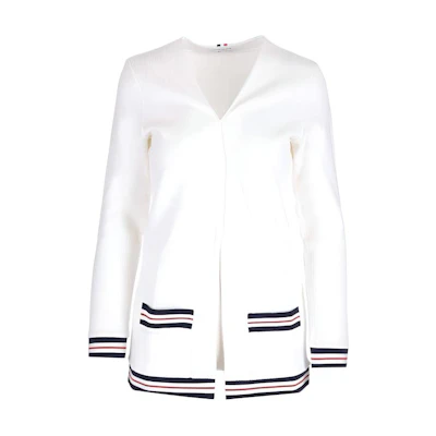 (Women) THOM BROWNE SS23 White Color-Block Striped Cardigan Sweater. FJT265A-J0068-100