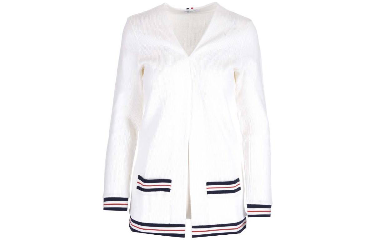 Order (W) THOM BROWNE SS23 Kardigan Sweater Putih dengan Garis Blok Warna. FJT265A-J0068-100