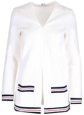 (W) THOM BROWNE SS23 Kardigan Sweater Putih dengan Garis Blok Warna. FJT265A-J0068-100 Order (W) THOM BROWNE SS23 Kardigan Sweater Putih dengan Garis Blok Warna. FJT265A-J0068-100