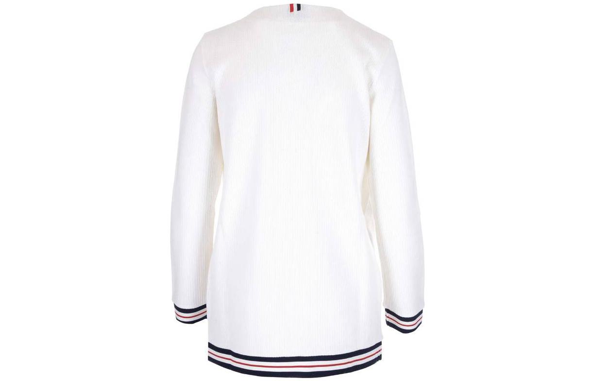Lookbook (W) THOM BROWNE SS23 Kardigan Sweater Putih dengan Garis Blok Warna. FJT265A-J0068-100