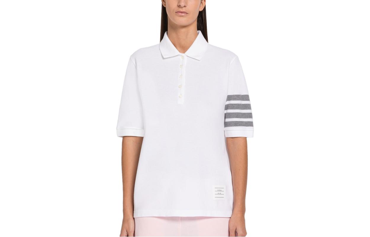 (Women) THOM BROWNE SS23 Striped Button-Up Short-Sleeve Polo Shirt White FJP052V-07976-100