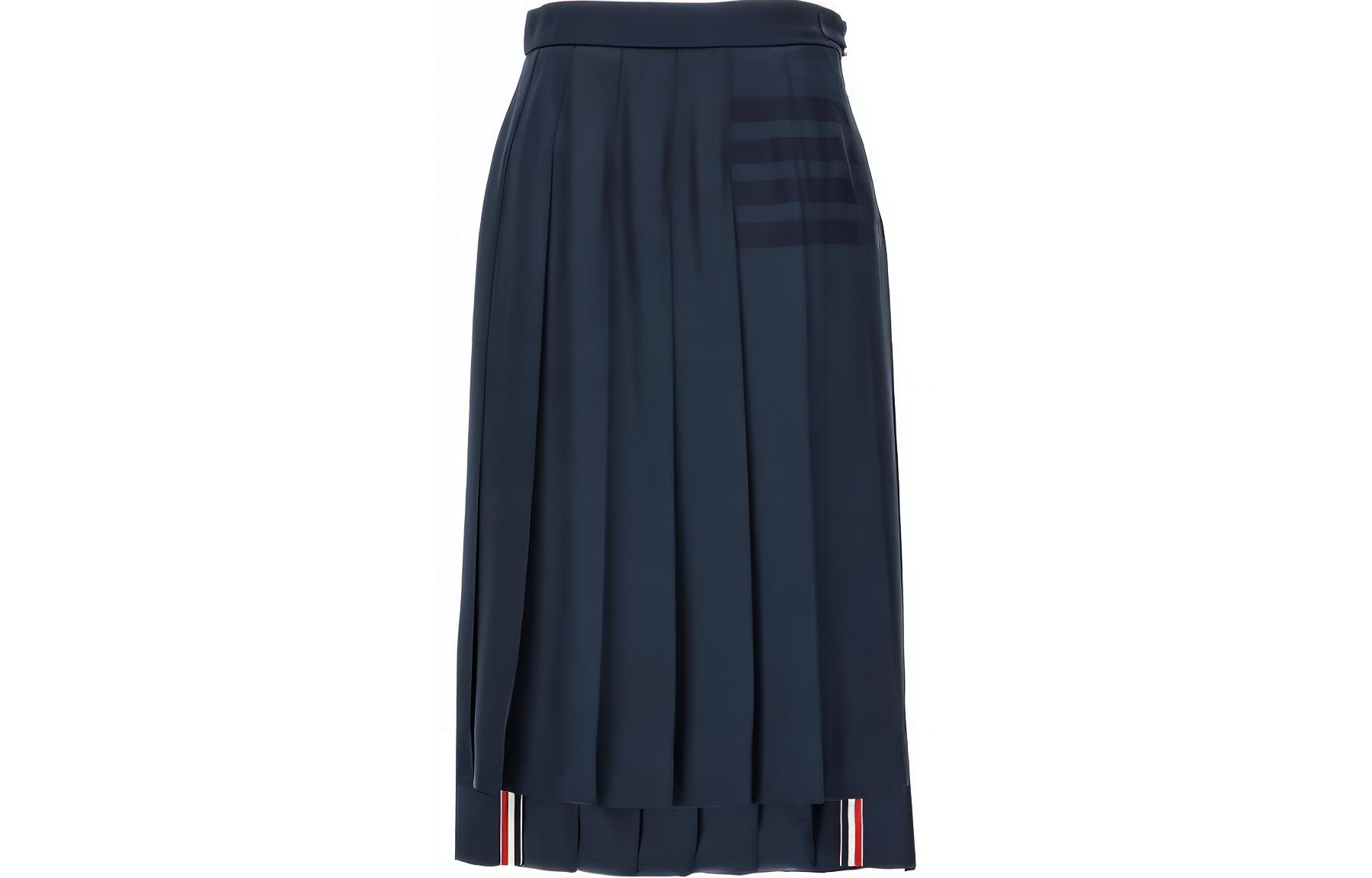 (Women) THOM BROWNE SS24  Blue Pleated Skirt with Classic Four-Bar Stripe Design FGC400A-F0527-415