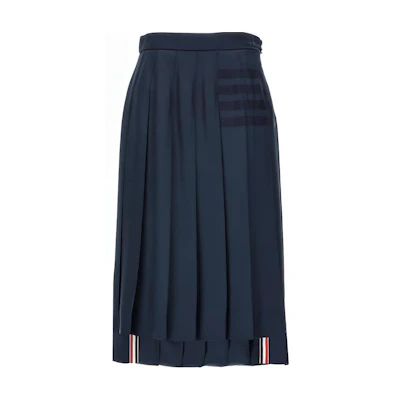 (Women) THOM BROWNE SS24 Blue Pleated Skirt with Classic Four-Bar Stripe Design FGC400A-F0527-415
