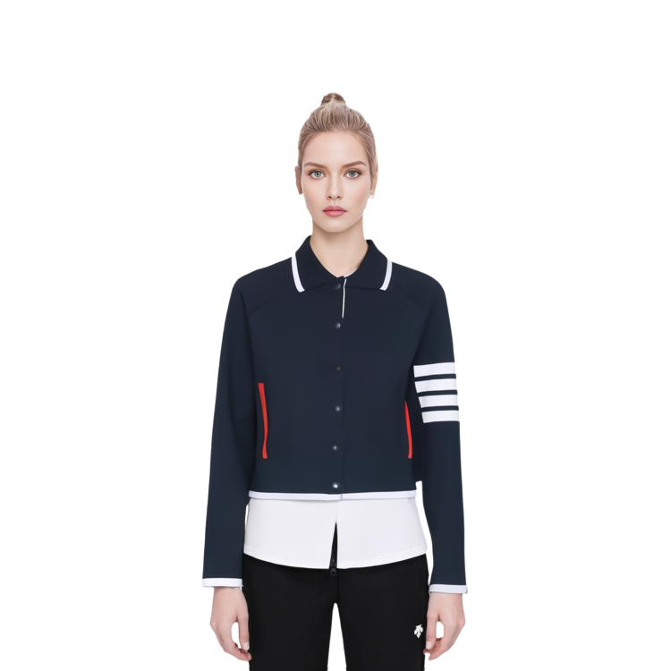 Shop (W) Thom Browne SS24 Jaket Navy Single-Breasted Klasik 4-Stripe. FKJ092A-Y5502-415