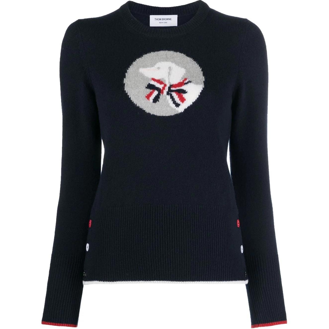 (Women) THOM BROWNE SS24  Navy Hector Dog Pattern Wool Crewneck Sweater. FKA442A-Y1030-415