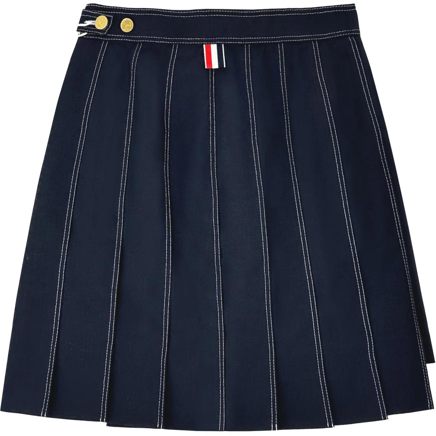 (Women) THOM BROWNE SS24  Navy Wool Pleated Skirt Casual College Style. FGC402N-00473-415