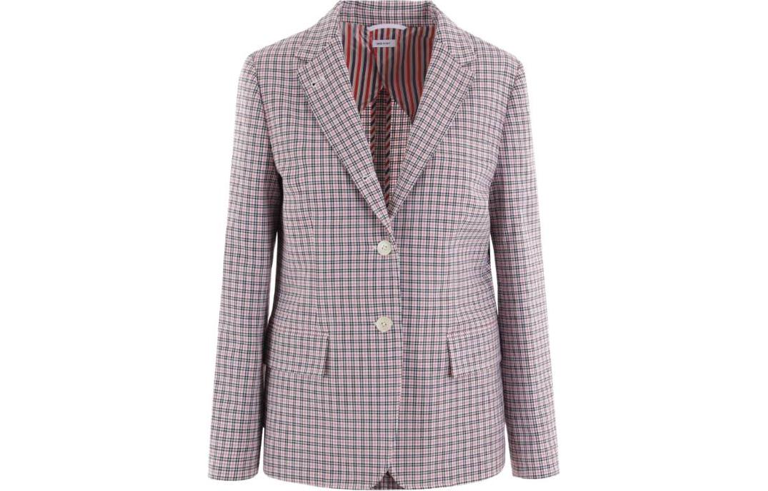(Women) Thom Browne SS24  Pink Plaid Print Single-Breasted Blazer Jacket. FBC700H-F0499-960