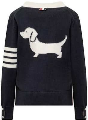 (Women) Thom Browne SS24 Dachshund Print V-Neck Button Knit Cardigan Blue Sweater FKC564A-Y3017-415 Buy (Women) Thom Browne SS24 Dachshund Print V-Neck Button Knit Cardigan Blue Sweater FKC564A-Y3017-415