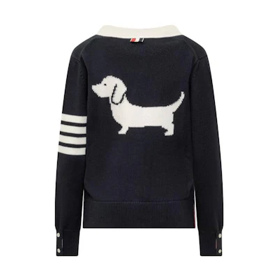 (Women) Thom Browne SS24 Dachshund Print V-Neck Button Knit Cardigan Blue Sweater FKC564A-Y3017-415