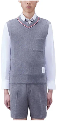 (Women) Thom Browne Striped V-Neck Slim Fit Sleeveless Vest Grey MJV006A-J0114-035 Buy (Women) Thom Browne Striped V-Neck Slim Fit Sleeveless Vest Grey MJV006A-J0114-035