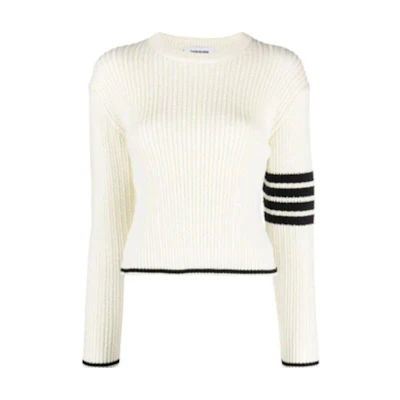 (Women) Thom Browne Women’s White Stripe Embroidered Colorblock Pullover Sweater. FKA465A-Y1024-100