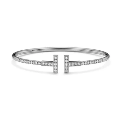 (Women) Tiffany & Co. 18k White Gold Engraved Logo Silver Bracelet for Women. 73122236