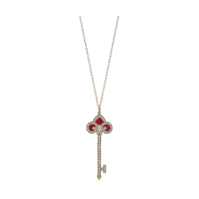 (Women) Tiffany & Co. Fleur de Lis 18k Gold Red Agate Diamond Key Pendant Medium GRP12169