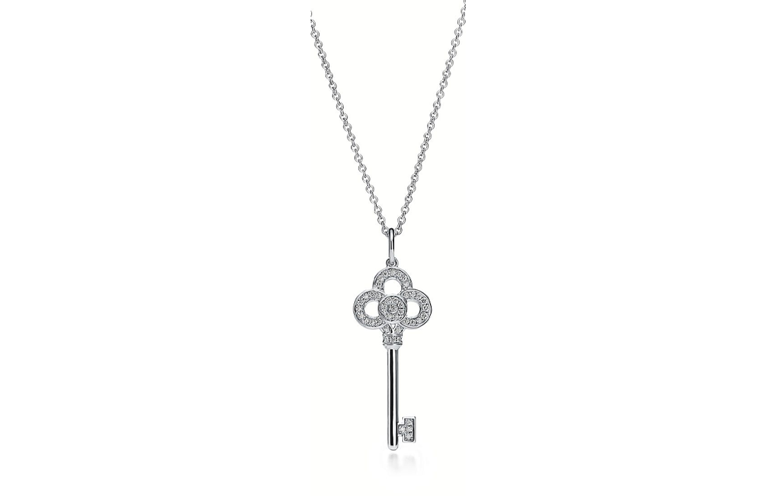 (Women) TIFFANY & CO. Keys Mini Crown Diamond Pendant Necklace 18k White Gold Women GRP11536