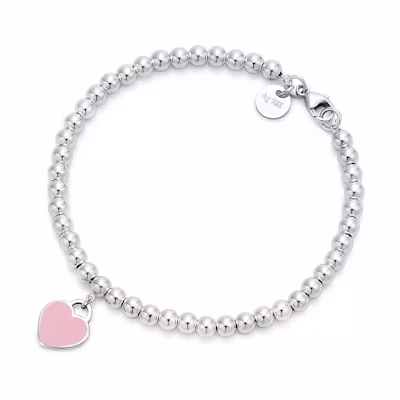 (Women) Tiffany & Co. Return to Tiffany™ Heart Tag 925 Silver Pink Beaded Bracelet Women GRP06688