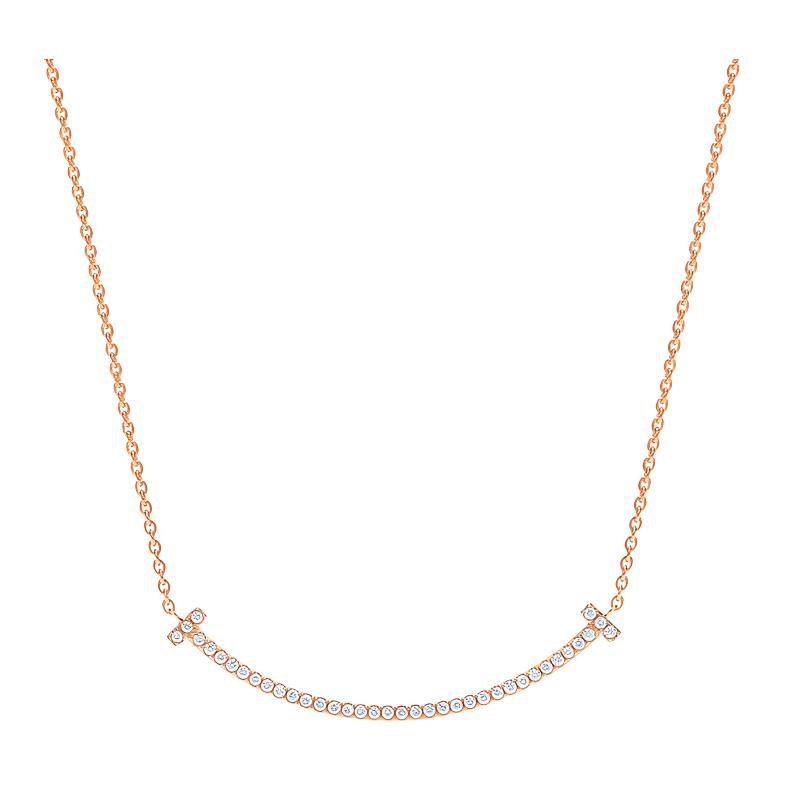 (Women) TIFFANY & CO. T Series Classic Smile Pendant 18K Rose Gold Diamond Necklace Women GRP10546