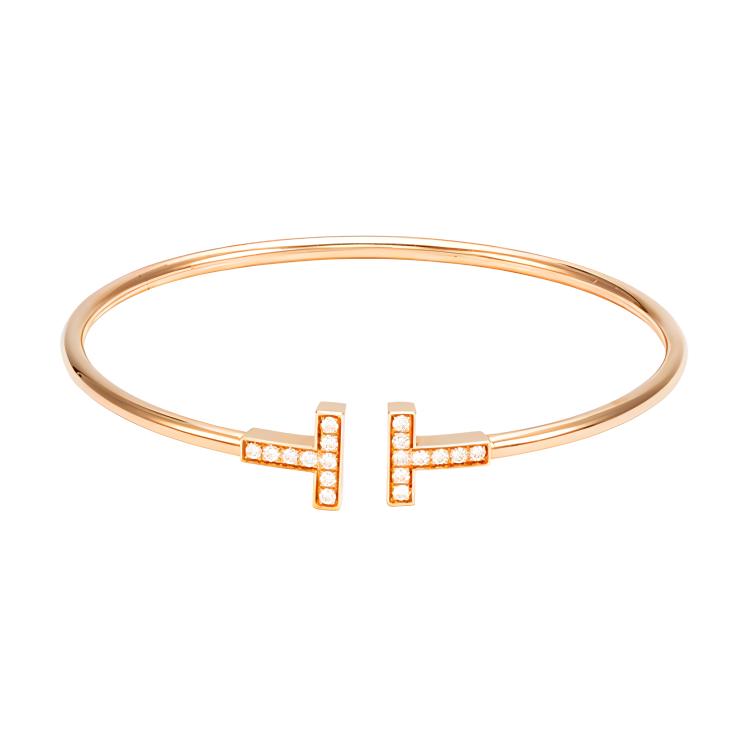 (Women) TIFFANY & CO. T Series Diamond 18K Rose Gold Open Bangle for Women Gold. GRP07785
