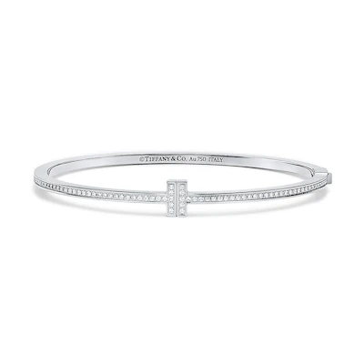 (Women) TIFFANY & CO. T Series Diamond 18K White Gold Hinged Bangle for Women. GRP10622