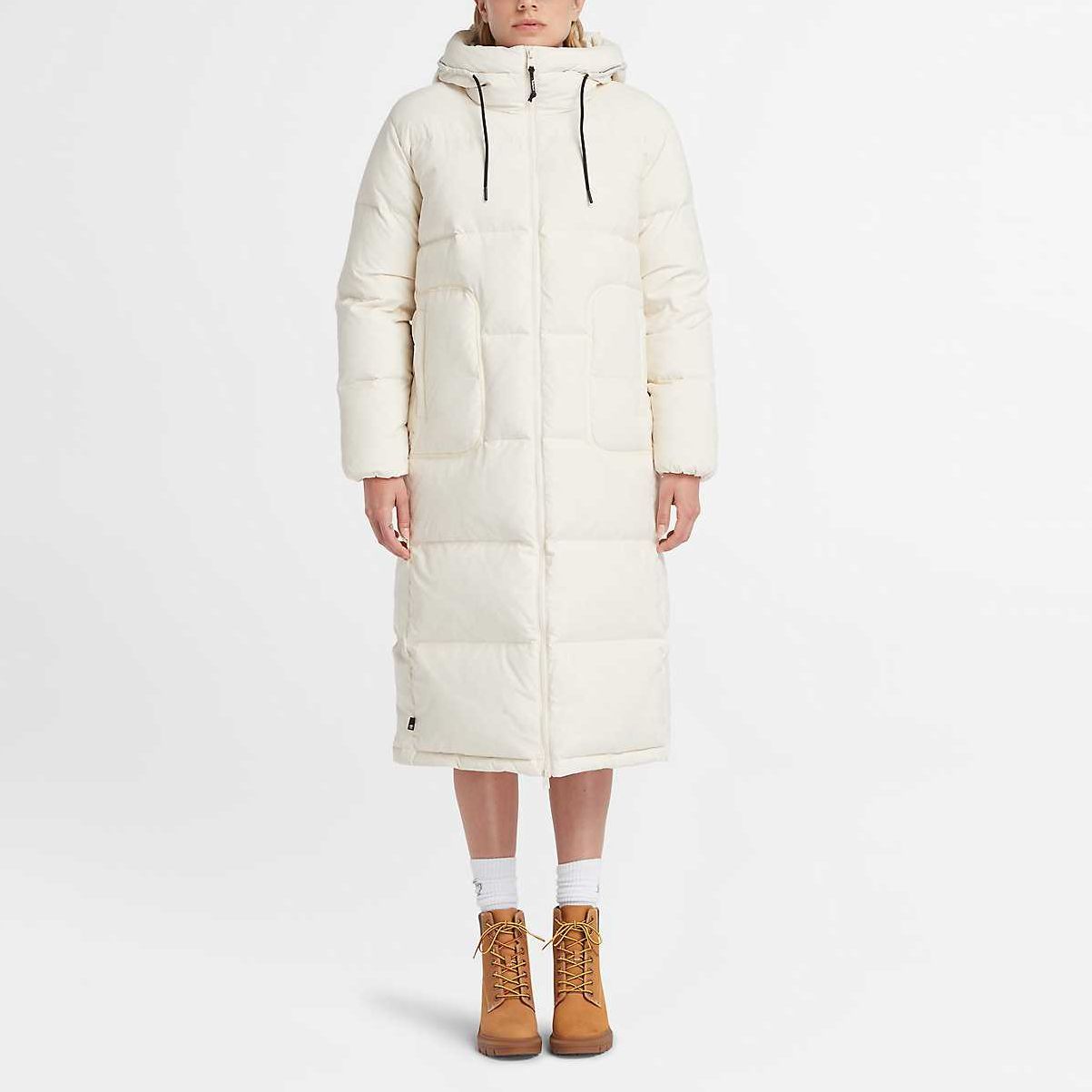 Lookbook (W) Timberland Jaket Panjang Puffer Putih Daur Semula untuk Cuaca Sejuk. A6HG9-V04