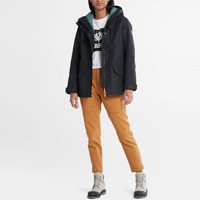 (Women) Timberland Black Three-in-One Solid Color Hooded Jacket A63TN-001 Lookbook (Women) Timberland Black Three-in-One Solid Color Hooded Jacket A63TN-001