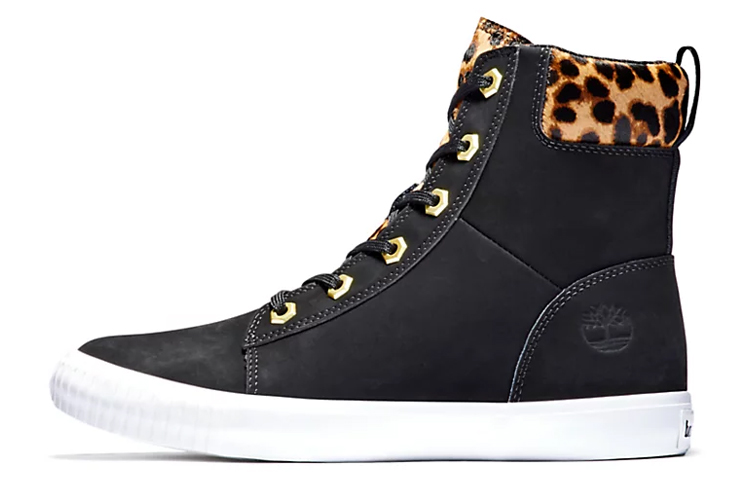 (W) Timberland SKyla Bay 6 Inch Boot 'Black Nubuck wtih Cheetah Collar'