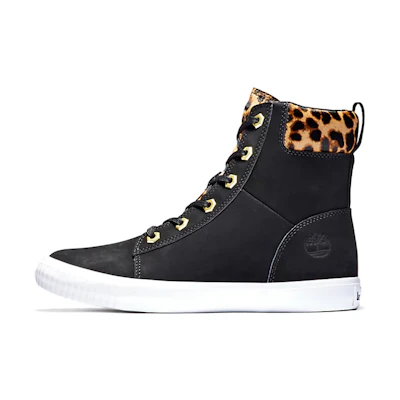 (W) Timberland SKyla Bay 6 Inch Boot 'Black Nubuck wtih Cheetah Collar'