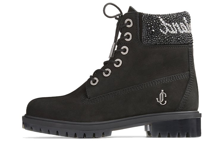 (Women) Timberland x Jimmy Choo Suede Crystal Logo Lace-Up Ankle Boots Black JCX Timberland 6-inch Premium Black Boots