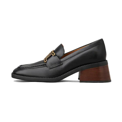 (W) TOD'S Leather Chain Buckle 'Black Chunky Heel'