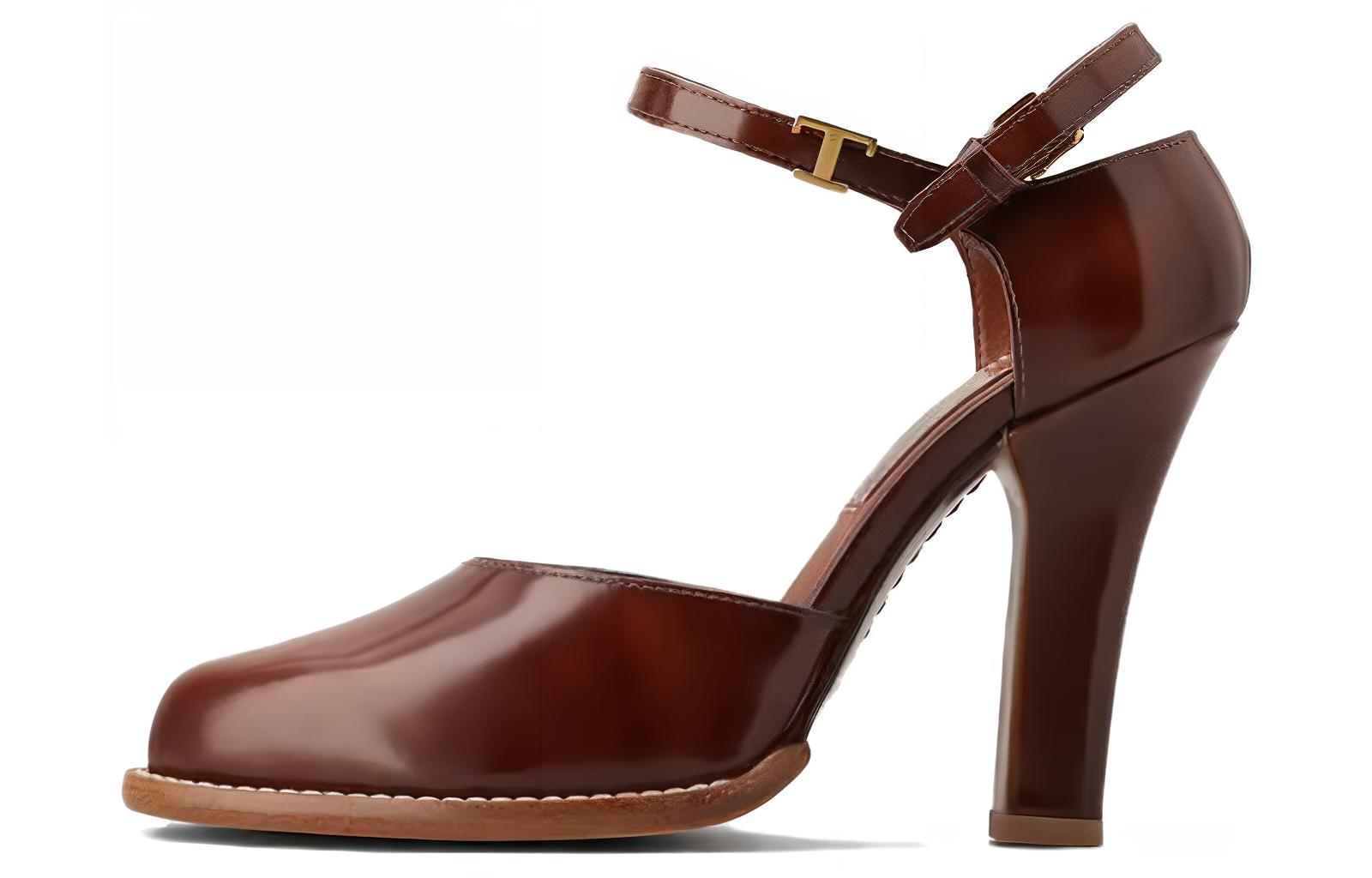 (W) TOD'S Leather Round-Toe Buckle 'Red Brown' High Heels
