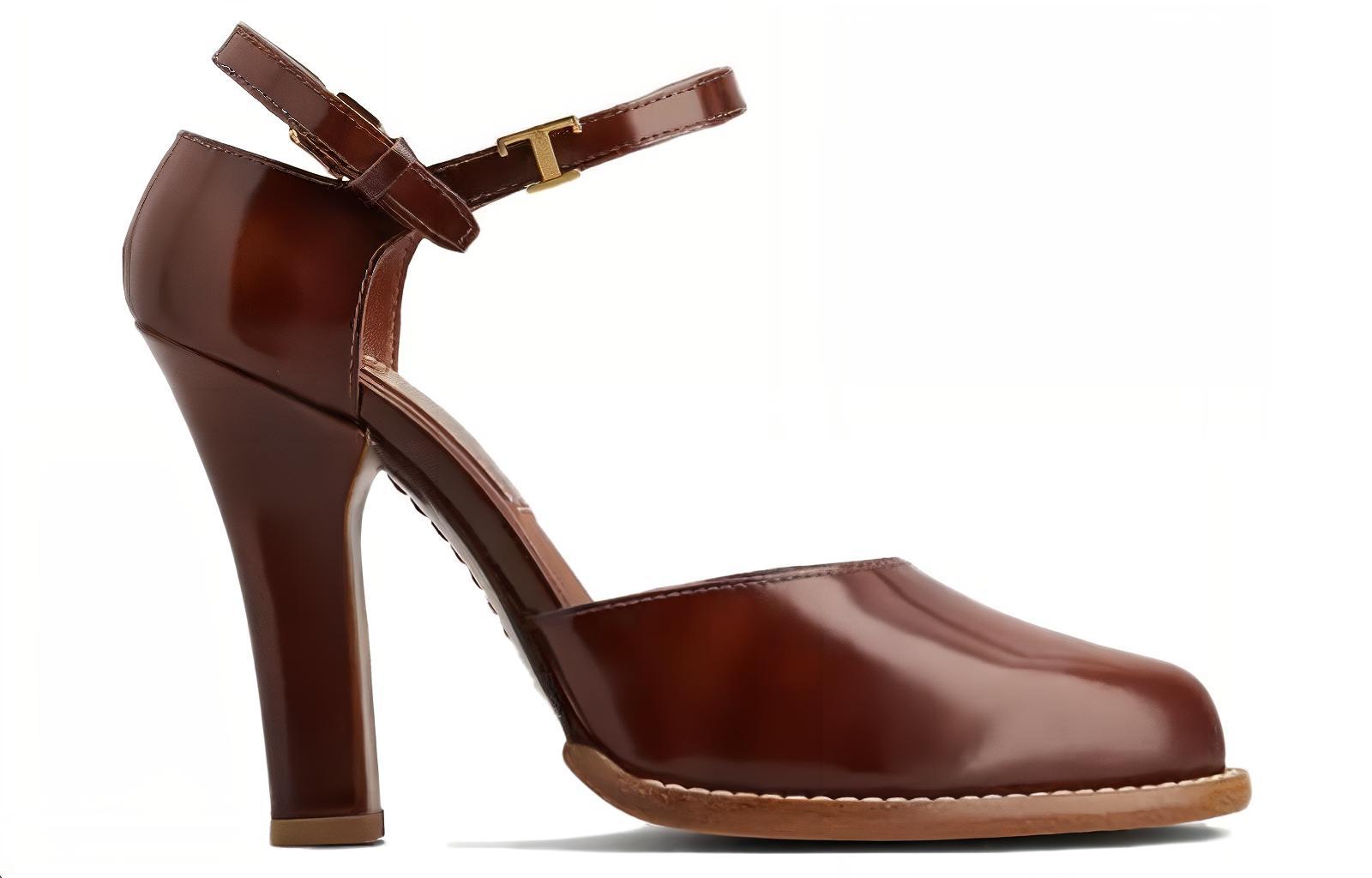 (W) TOD'S Leather Round-Toe Buckle 'Red Brown' High Heels 圖 2