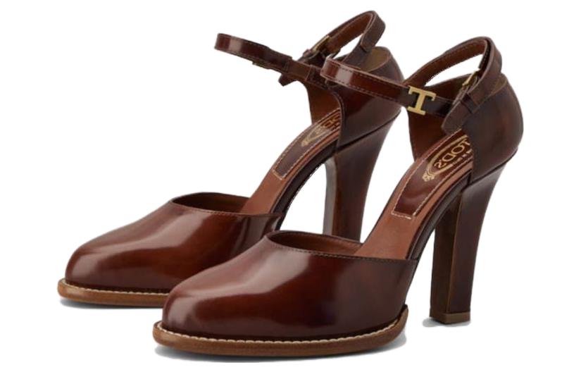 (W) TOD'S Leather Round-Toe Buckle 'Red Brown' High Heels 圖 3