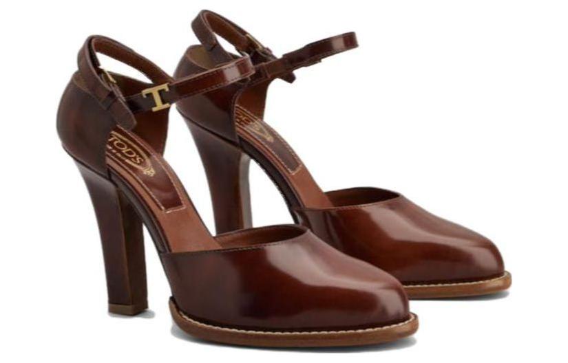 (W) TOD'S Leather Round-Toe Buckle 'Red Brown' High Heels 圖 4
