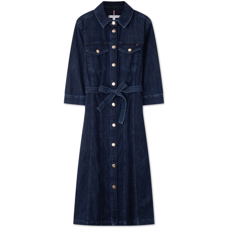 (Women) Tommy Hilfiger  Denim Short Sleeve Belted Shirt Dress Deep Blue Retro Style WW0WW42017