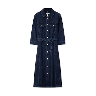 (Women) Tommy Hilfiger Denim Short Sleeve Belted Shirt Dress Deep Blue Retro Style WW0WW42017
