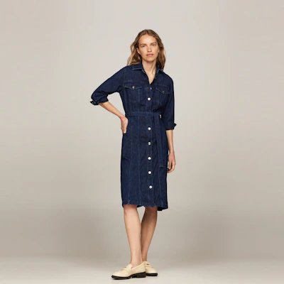 (W) 汤米·希尔费格 丹宁短袖系带衬衫连衣裙 深蓝复古风格 WW0WW42017 Shop (W) 汤米·希尔费格 丹宁短袖系带衬衫连衣裙 深蓝复古风格 WW0WW42017