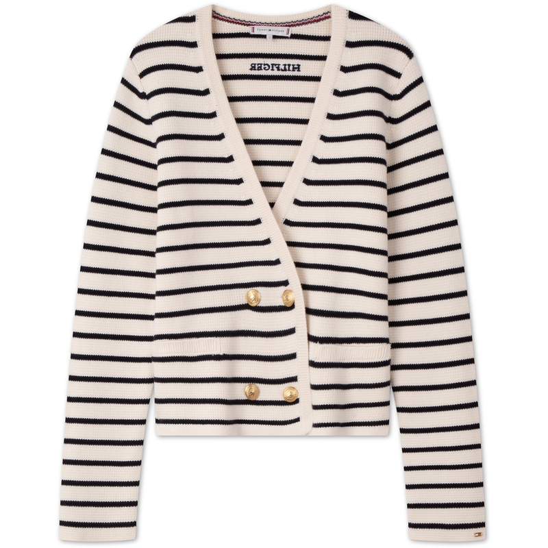 (Women) Tommy Hilfiger  Double-Breasted V-Neck Cardigan Beige Black Stripes. WW0WW43184
