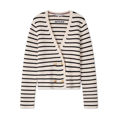 (Women) Tommy Hilfiger Double-Breasted V-Neck Cardigan Beige Black Stripes. WW0WW43184