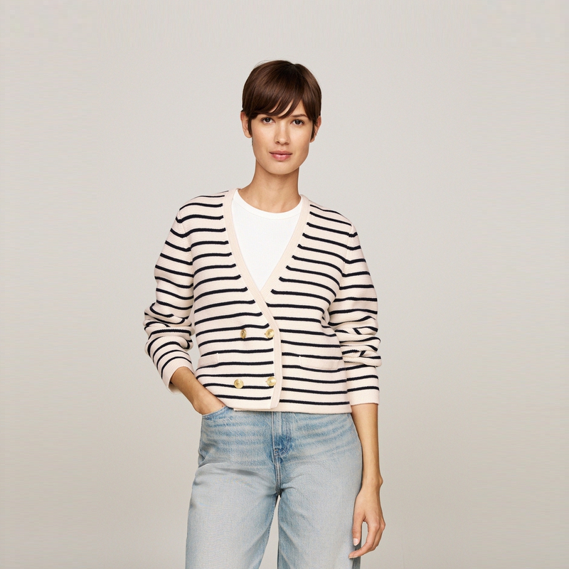 Shop (W) Tommy Hilfiger 雙排扣V領奶油黑條紋針織開衫 WW0WW43184