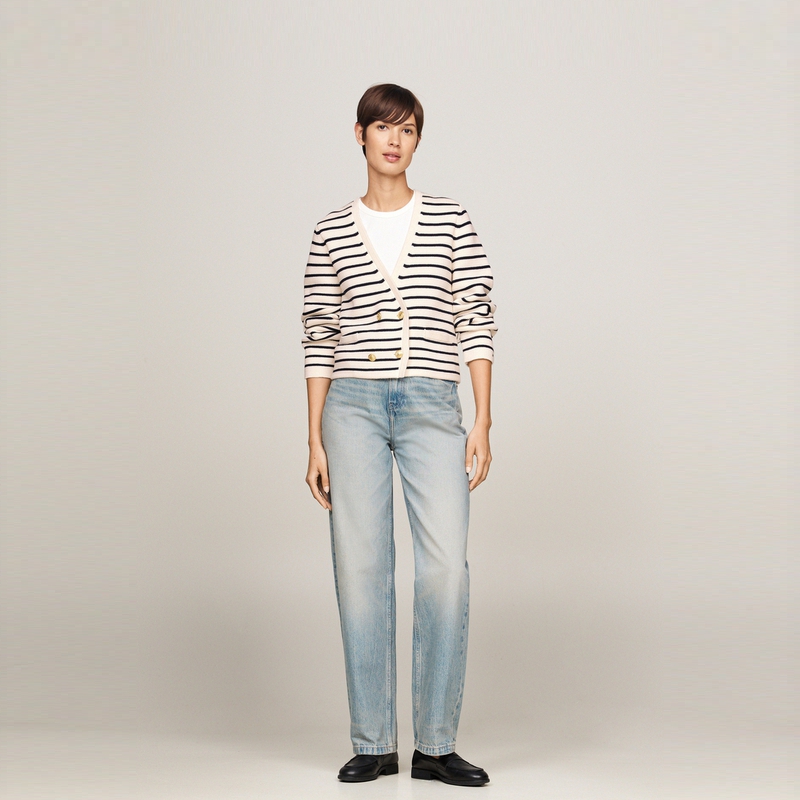 Details for (W) Tommy Hilfiger 雙排扣V領奶油黑條紋針織開衫 WW0WW43184