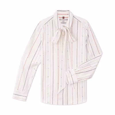 (Women) Tommy Hilfiger Elegant Casual Striped Bow Tie Blouse White WW0WW43418
