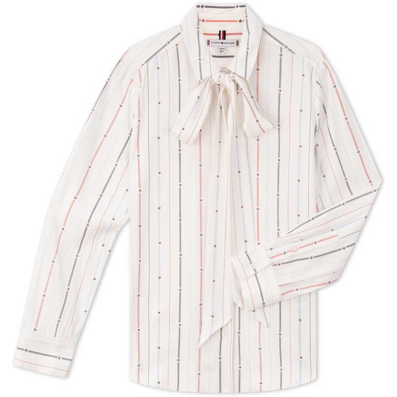 Order (W) Tommy Hilfiger Blus Elegan Kasual Garis dengan Dasi Pita Putih WW0WW43418
