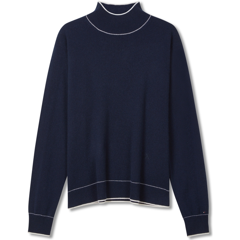 (Women) Tommy Hilfiger  Embroidered Contrast Trim Mock Neck Pullover Sweater Navy WW0WW40376