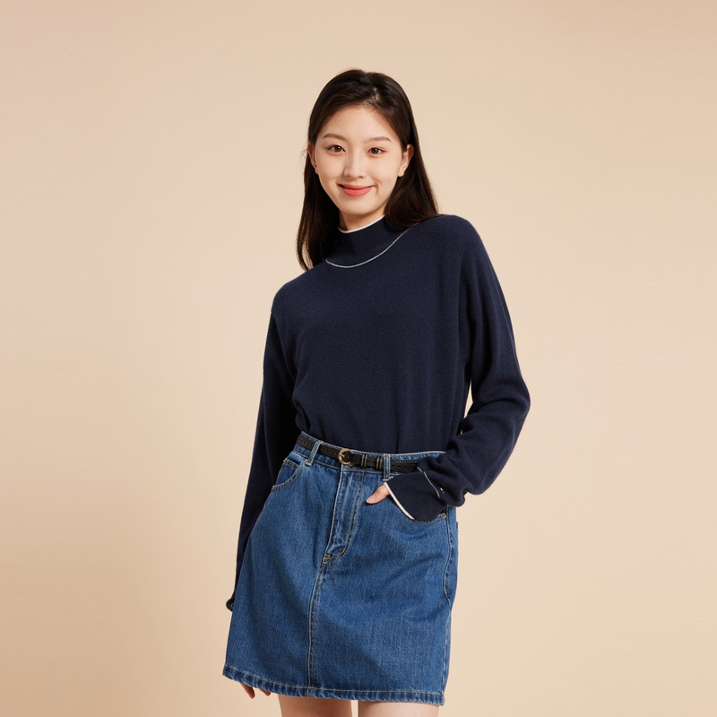 Shop (W) Tommy Hilfiger 자수 대비 트림 목폴라 풀오버 스웨터 네이비 WW0WW40376