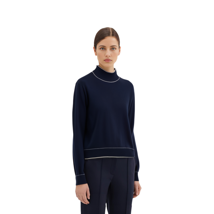 Sizing (W) Tommy Hilfiger 자수 대비 트림 목폴라 풀오버 스웨터 네이비 WW0WW40376