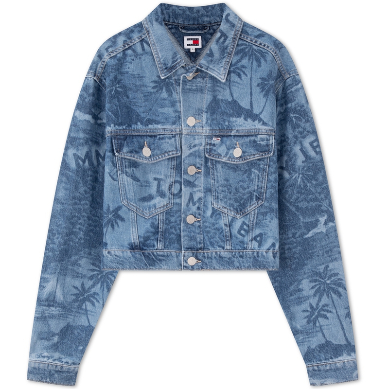 (Women) Tommy Hilfiger  Hawaiian Print Cropped Denim Jacket Casual American Trend DW0DW17664