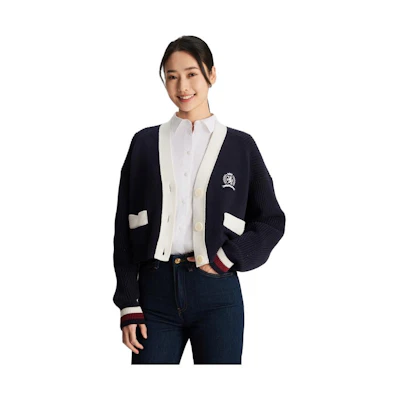 (Women) Tommy Hilfiger Knit Cardigan Black White Colorblock V-Neck Sweater WW0WW41530DW5