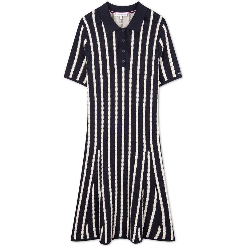 (Women) Tommy Hilfiger  Slim Fit Cotton Knit Polo Dress Black White Striped Casual WW0WW43193