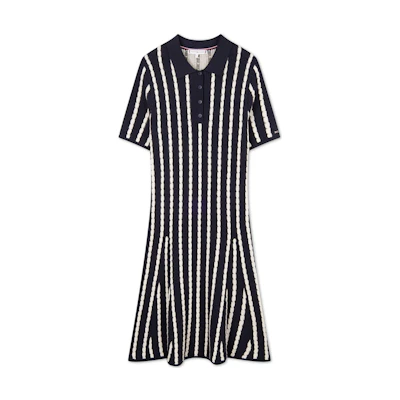 (Women) Tommy Hilfiger Slim Fit Cotton Knit Polo Dress Black White Striped Casual WW0WW43193