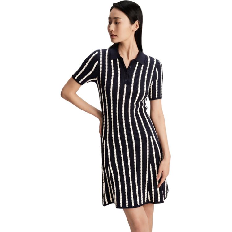 Shop (W) 汤米希尔费格修身棉质针织条纹连衣裙黑白休闲款 WW0WW43193