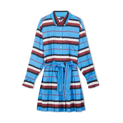 (Women) Tommy Hilfiger Striped Pleated Jacquard Long Sleeve Dress Red/White/Blue. WW0WW38662-C4G